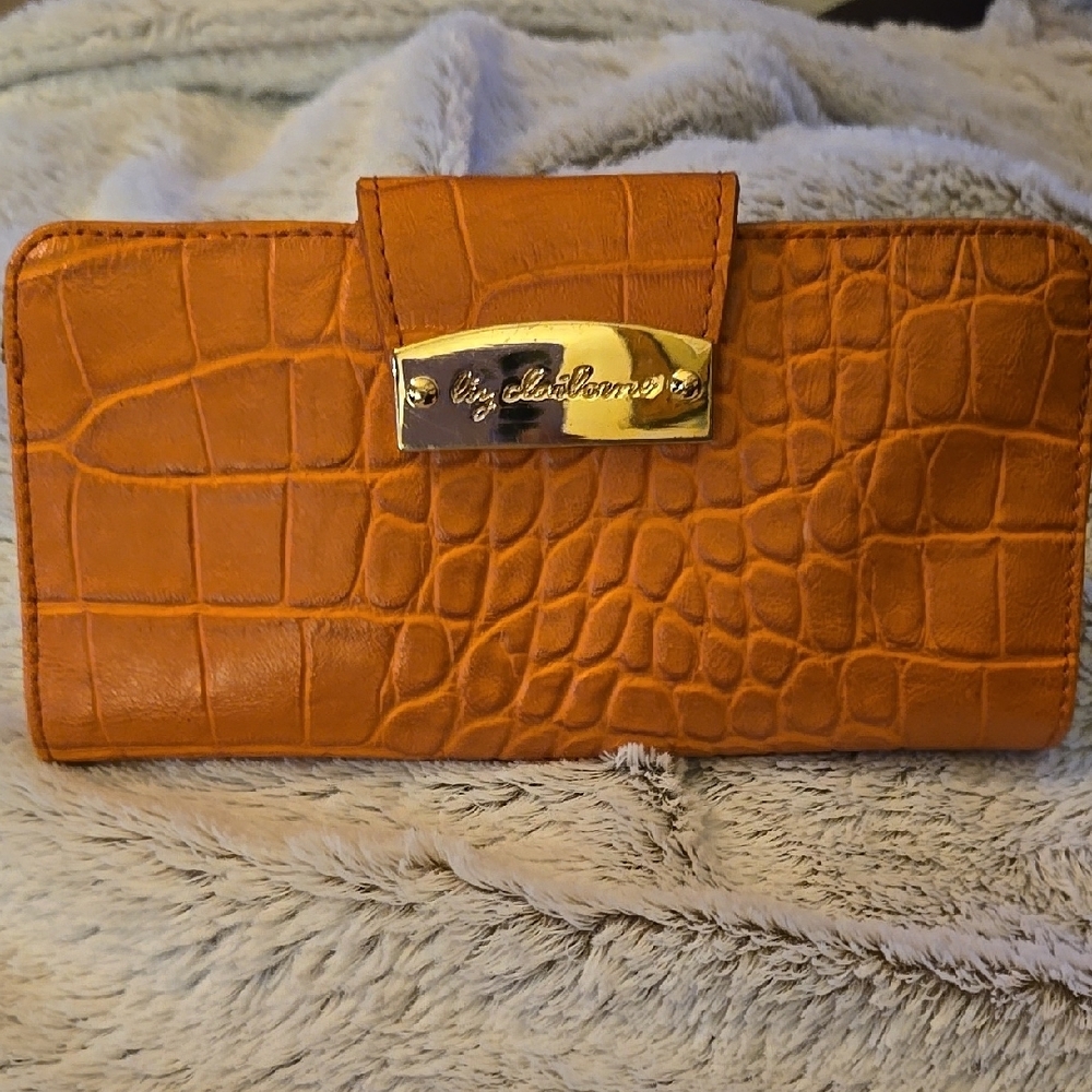Liz Claiborne Brown Croc-Embossed Wallet with Gold Clasp